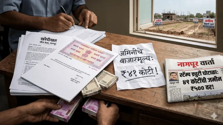 महसूलमंत्र्यांच्याच नाकाखाली महाघोटाळा! ४१ कोटींच्या जमिनीचा व्यवहार अवघ्या ५०० रुपयांच्या स्टॅम्पवर; प्रशासनाला अंधारात ठेवून सरकारची कोट्यवधींची लूट!