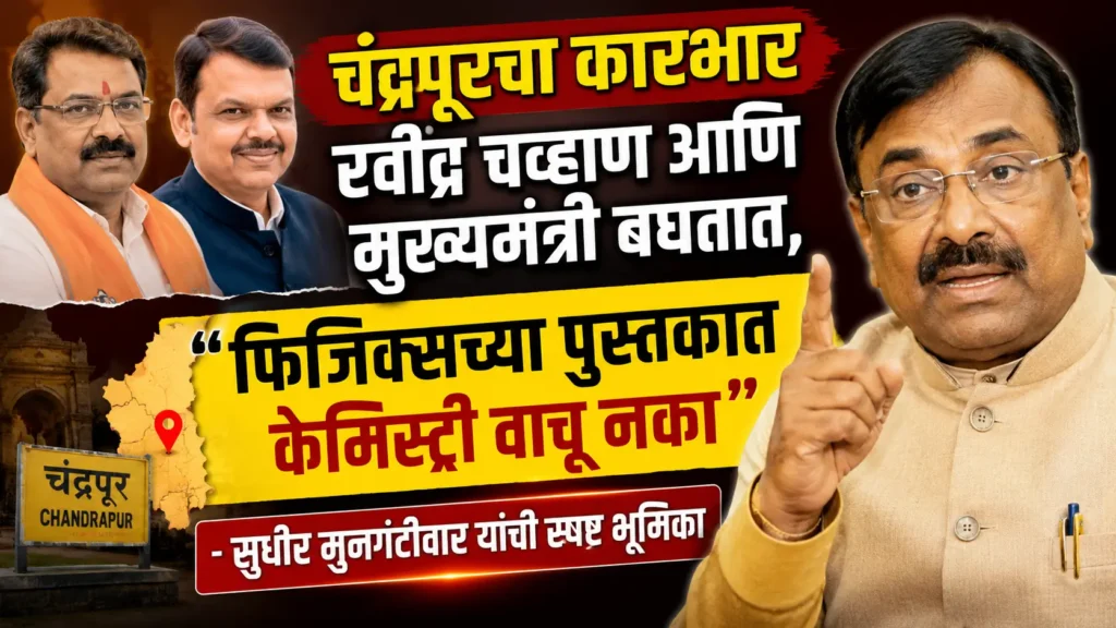 "चंद्रपूरचा कारभार रवींद्र चव्हाण आणि मुख्यमंत्री बघतात, फिजिक्सच्या पुस्तकात केमिस्ट्री वाचू नका" - सुधीर मुनगंटीवार यांची स्पष्ट भूमिका 7 "चंद्रपूरचा कारभार रवींद्र चव्हाण आणि मुख्यमंत्री बघतात, फिजिक्सच्या पुस्तकात केमिस्ट्री वाचू नका" - सुधीर मुनगंटीवार यांची स्पष्ट भूमिका