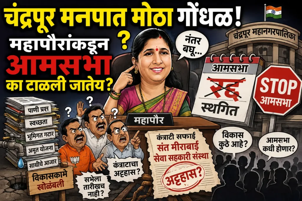 चंद्रपूर महानगरपालिका: विकासकामे खोळंबली, आमसभेबाबत महापौरांची भूमिका संशयाच्या भोवऱ्यात! 1 चंद्रपूर महानगरपालिका: विकासकामे खोळंबली, आमसभेबाबत महापौरांची भूमिका संशयाच्या भोवऱ्यात!